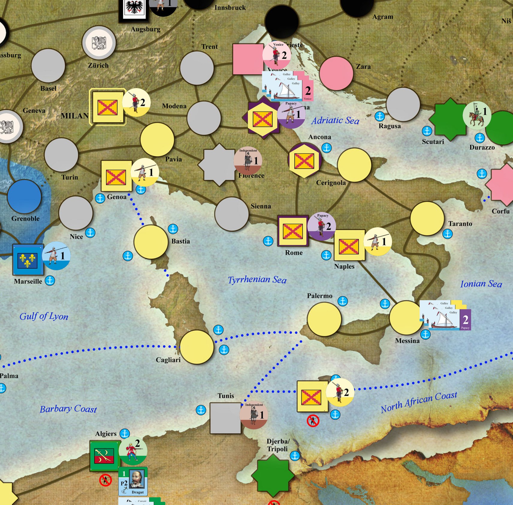 Italy, Malta and the Papal states (Spain's ally) at the start