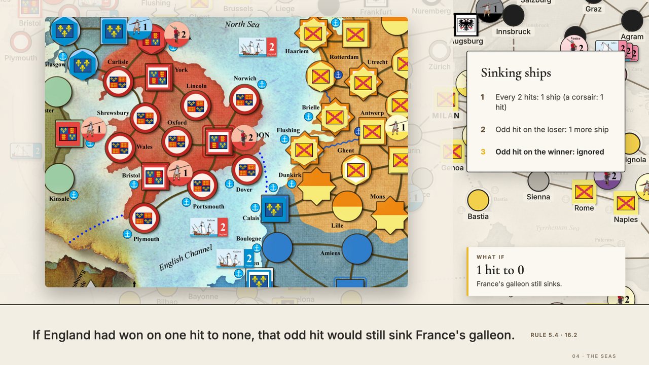 Sinking ships: every 2 hits sinks a ship (a corsair sinks on 1 hit), an odd hit on the loser sinks one more, and an odd hit on the winner is ignored. The what if tag: had England won 1 hit to 0, France's galleon would still sink. At 6:24.