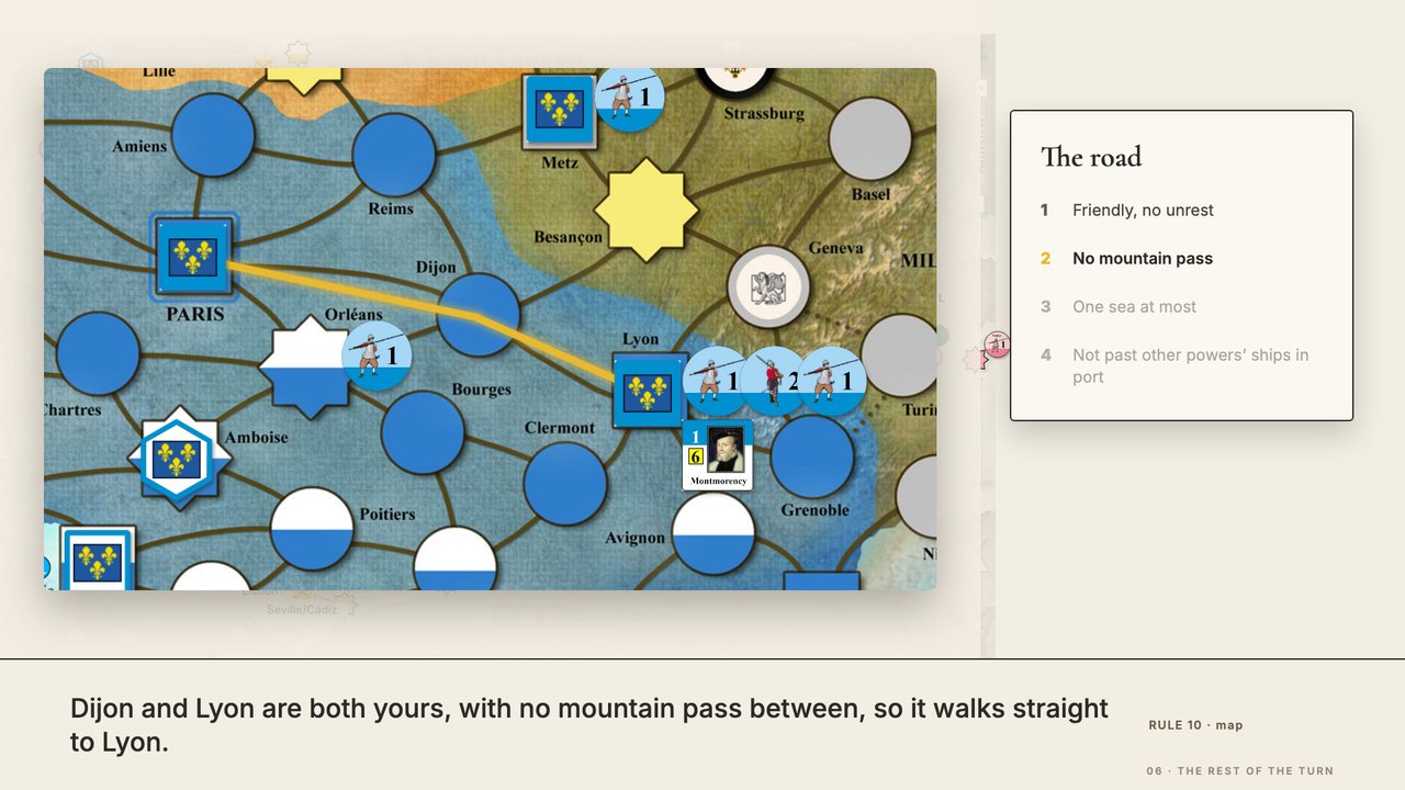 Spring deployment: France's Paris army (a 2 and a 1 regular, and Montmorency) has walked the gold road from Paris through Dijon to Lyon, all French, no mountain pass, and joined Lyon's own regular. Beside it, the card "The road" has No mountain pass lit. At 5:23.