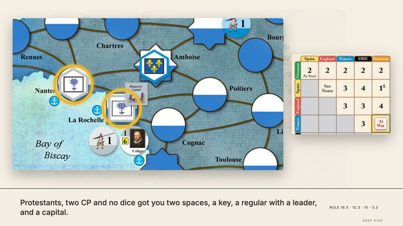 Turn 1, the best case: the Protestants rebel at La Rochelle for 2 CP, with no roll. La Rochelle and Nantes take Huguenot markers; a Huguenot regular, the Huguenot capital and Coligny arrive at La Rochelle; and the At War marker lands on the France and Protestant box of the Diplomatic Status chart. At 6:07.